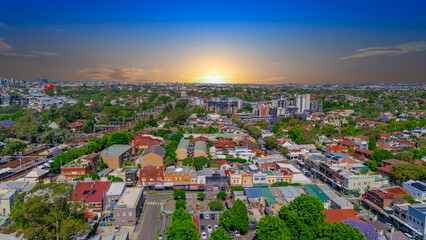 Obraz premium Panorama Drone Aerial view of Summer Hill Lewisham Ashfield of Suburban federation residential houses in Sydney NSW Australia
