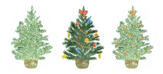 Watercolor Christmas trees PNG set. cute hand-painted festive illustrations of decorated trees with garlands, ornaments, and snow, perfect for cards, stickers, patterns, holiday decor, winter decor