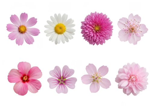 Floral assortment png flower clipart collection pink white blossom petals daisy cosmos hibiscus cherry isolated elements vector graphic design isolated on transparent background