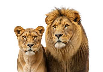 Obraz premium Majestic lion and lioness portrait wildlife photography animal kingdom feline predators couple isolated on transparent background