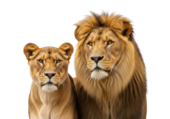Majestic lion and lioness portrait wildlife photography animal kingdom feline predators couple isolated on transparent background