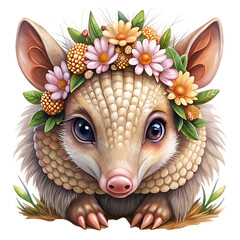 Adorable armadillo wearing a floral crown, with a detailed textured shell and soft fur, looking directly at the viewer with large, expressive eyes, set against a clean transparent background for easy 