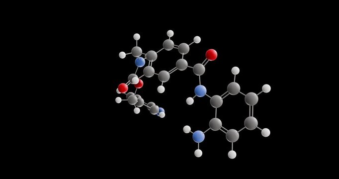 Entinostat molecule, rotating 3D model of epigenetic modulator, looped video on a black background
