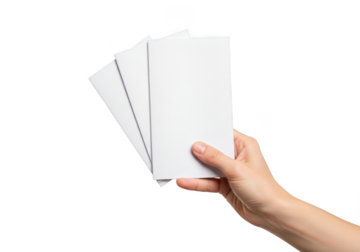 Stock photo of hand holding three blank white brochures or flyers for mockup, advertising, or presentation materials, isolated on transparent background