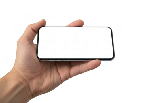 Horizontal mobile phone mockup in hand template, smartphone display, blank screen, cellphone ui, app presentation, isolated on transparent background