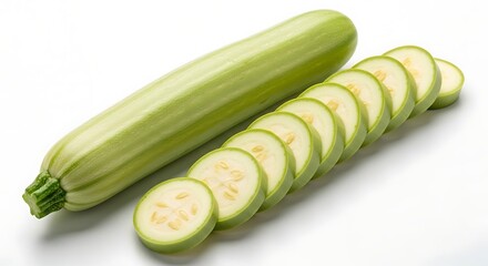 Fresh zucchini and zucchini slices on a white background.