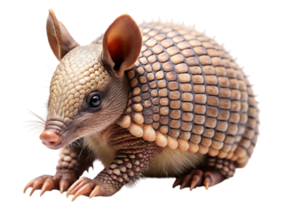 A threebanded armadillo, a unique mammal known for its bony armor, is captured in a studio shot, isolated on a clean transparent background, showcasing its distinctive shell and small, pointed ears