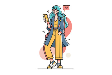 Modern woman checking smartphone with a casual outfit. Colorful vector
