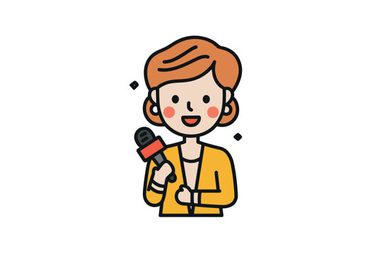 Engaging journalist with microphone presenting news stories. Colorful vector