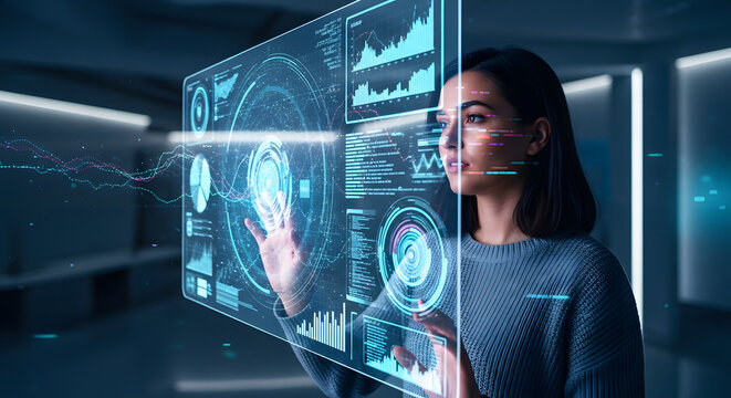 Woman interacting with futuristic holographic data display