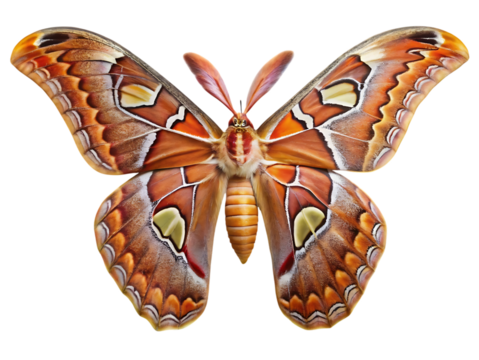 Atlas moth, attacus atlas, a large species of silk moth in the family saturniidae, isolated on transparent background