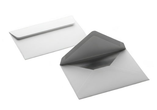 Two white envelopes mockup, stationery, mailing, business correspondence, open and closed, blank template isolated on transparent background