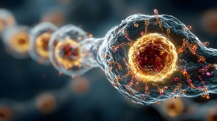 Close-up of glowing cells in a chain with intricate details.