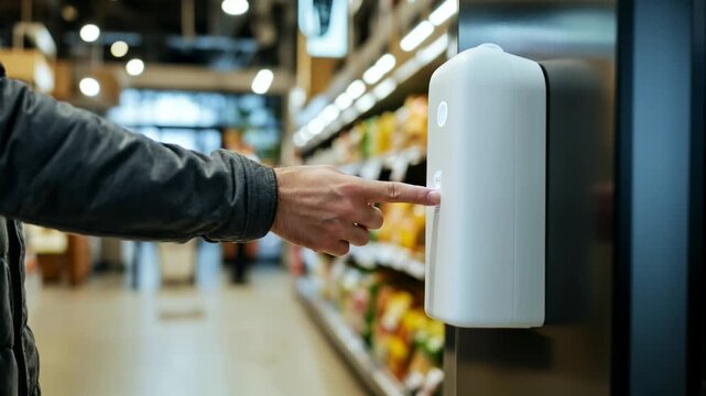 A hand reaches for a touchless sanitizer dispenser in a grocery store aisle. Shelves filled with packaged food items are visible in the background.