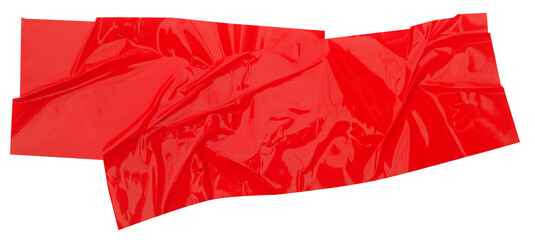Crumpled torn pieces of two layer wrinkled red packing tape, adhesive sealing tape, sticky torn plastic on transparent background	