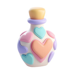 3D pastel clay potion bottle with hearts floating inside representing love magic