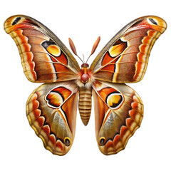 A stunningly detailed illustration of a large, ornate butterfly with intricate patterns and vibrant orange, brown, and yellow coloration, isolated on a clean transparent background, showcasing its del