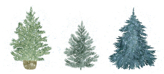 Watercolor Christmas trees PNG set. cute hand-painted festive illustrations of decorated trees with garlands, ornaments, and snow, perfect for cards, stickers, patterns, holiday decor, winter decor