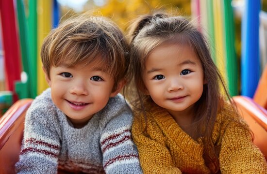 two children, one with blonde hair and the other in red , sliding down an open wooden slide on a playground during autumn.