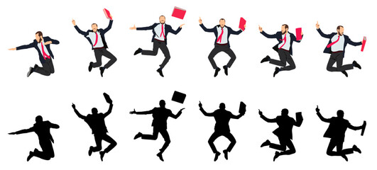 Silhouette of Business Man Running and Jumping Celebrating Success