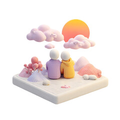 Romantic beach sunset clay pastel scene with couple representing love and peace