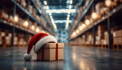 A Christmas gift box with a Santa hat on, placed in a festive warehouse, embodying holiday spirit and joy.