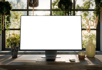 Computer monitor blank screen mockup front close-up view on desk with sunlight and plants – modern home office workspace