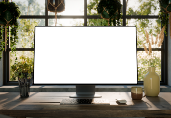 Computer monitor blank screen mockup front close-up view on desk with sunlight and plants – modern home office workspace