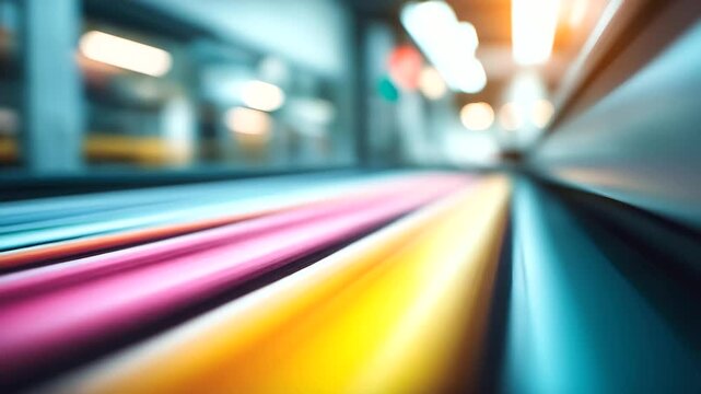 Wide-format printer producing colorful lines defocused indoors, faceless commercial printing, bright visualization detail, blurred printing background, banner production concept, l