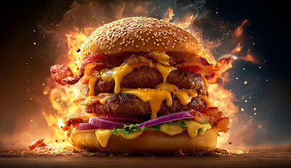 A mouthwatering burger with layers of cheese, bacon, and fresh vegetables, radiating deliciousness and flavor.