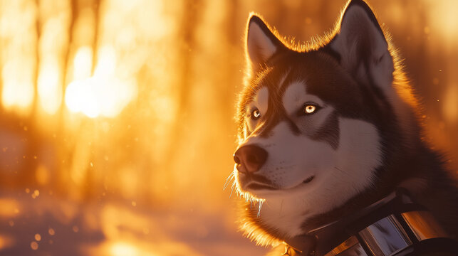 Siberian Husky looking peacefully at sunset in snowy landscape