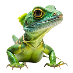 A vibrant green basilisk lizard, also known as a jesus christ lizard, is captured in a studio shot against a clean transparent background, showcasing its intricate scales and distinctive crest