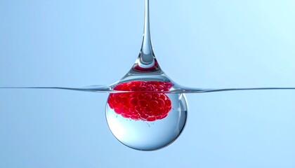 Raspberry suspended in water, held by a large drop, with a soft blue background. Minimalist, close up shot