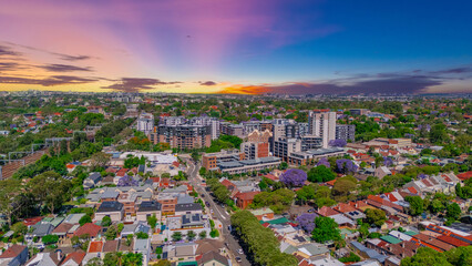 Fototapeta premium Panorama Drone Aerial view of Summer Hill Lewisham Ashfield of Suburban federation residential houses in Sydney NSW Australia