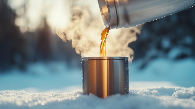 Hot drink being poured from thermos into steel mug in snow  