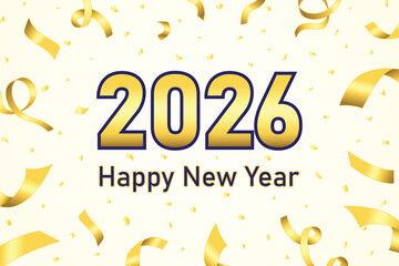 celebration happy new year 2026 with ribbon and confetti golden color on yellow background celebration party theme poster vector illustration