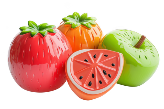 Realistic 3d render of strawberry, orange, watermelon slice and green apple fruit collection still life illustration, food photography isolated on transparent background - Powered by Adobe