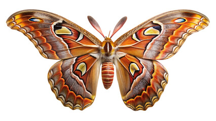 Atlas moth, attacus atlas, a large saturniid moth from southeast asia, isolated on transparent background