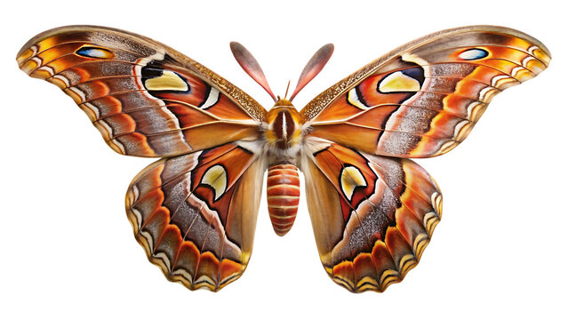 Atlas moth, attacus atlas, a large saturniid moth from southeast asia, isolated on transparent background