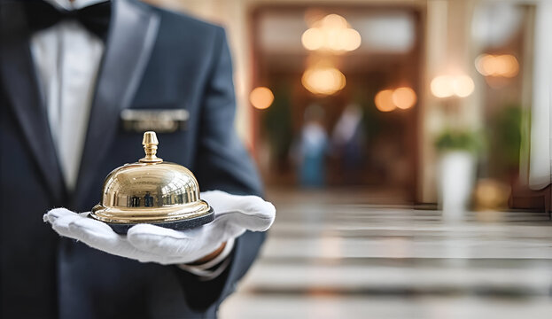 A bellboy holds a golden service bell in a luxurious hotel lobby, symbolizing hospitality and attentive service.
