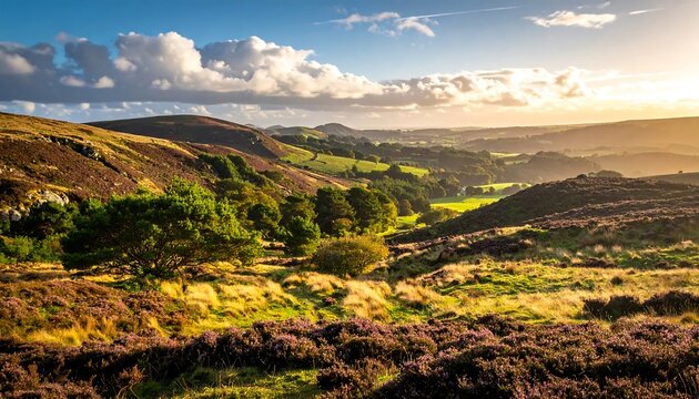 Scenic view of rolling hills and valleys blanketed with purple heather, illuminated by golden sunlight and fluffy clouds