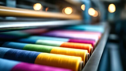 Textile factory printing vibrant threads with defocused technology, faceless fabric creation, advanced visualization detail, blurred production background, textile manufacturing co