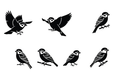 A collection of stylized black and white sparrow bird illustrations, depicting various poses from flying to perching on a branch. Vector graphic icon set