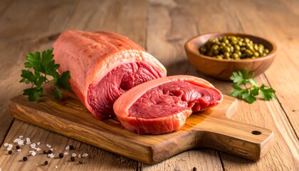 Raw meat, a cut portion, sits on a wooden board beside a bowl of capers and parsley. Salt and pepper are scattered