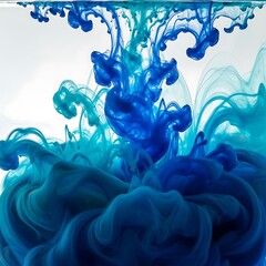 Dynamic swirls of blue and turquoise ink dissolving in water, creating an artistic fluid motion for an abstract Blue Background