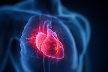 A digital representation of a glowing heart, symbolizing human anatomy and vitality in a scientific context.