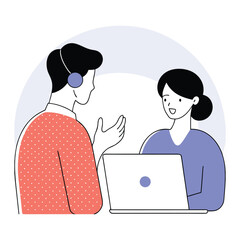 a man and woman are talking on a laptop