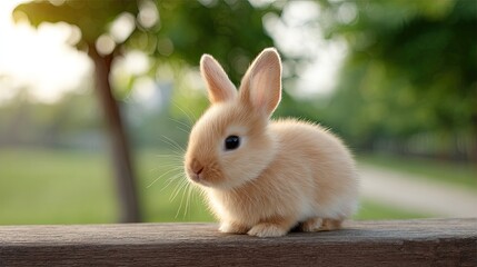 Obraz premium Cute and Adorable Baby Rabbit Sitting on a Wooden Fence in a Beautiful Green Park During a Sunny Day with Soft Natural Light