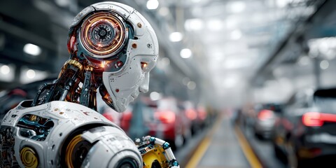 Fototapeta premium Advanced humanoid robot working on automated car manufacturing assembly line