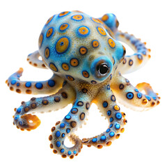 A blueringed octopus, a small but highly venomous marine animal, is shown isolated on a transparent background, highlighting its distinctive blue and yellow rings